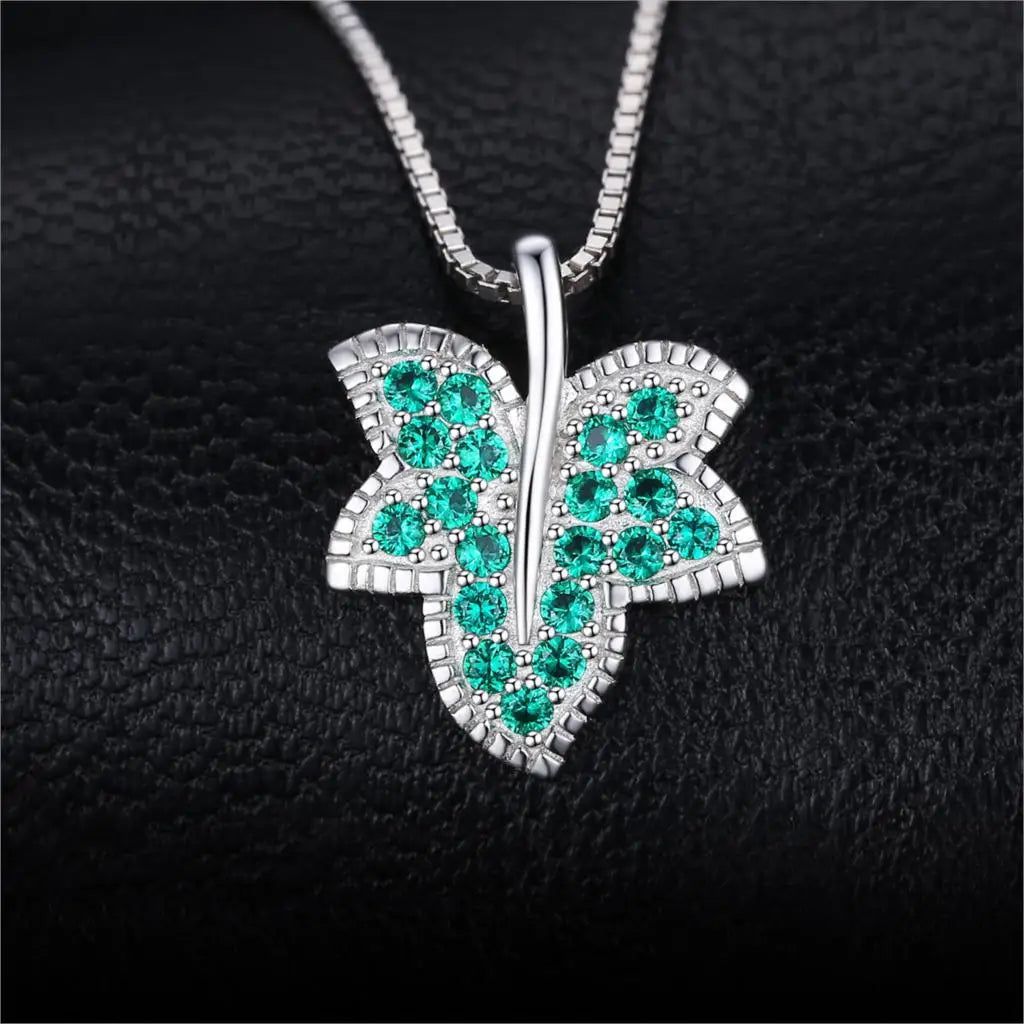 Elegant Leaf Design Simulated Emerald 925 Sterling Silver Pendant Choker - No Chain Included