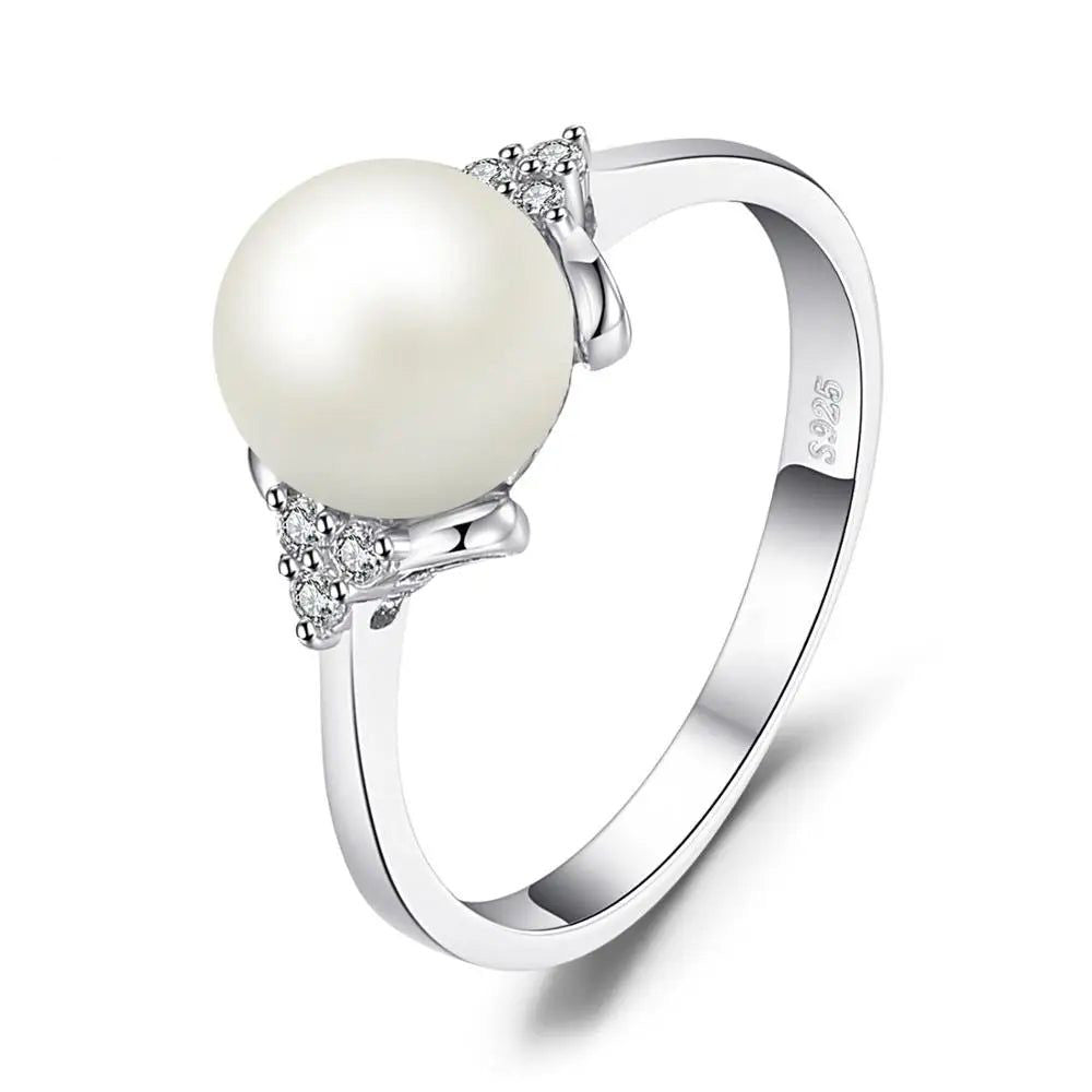 Elegant 8mm White Freshwater Pearl Ring in 925 Sterling Silver Fine Jewelry