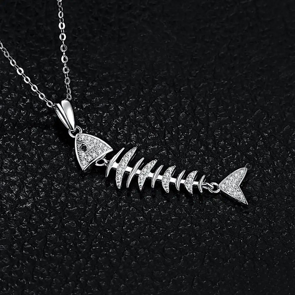 Fish Bone Design 925 Sterling Silver Pendant with Cubic Zirconia - No Chain Included