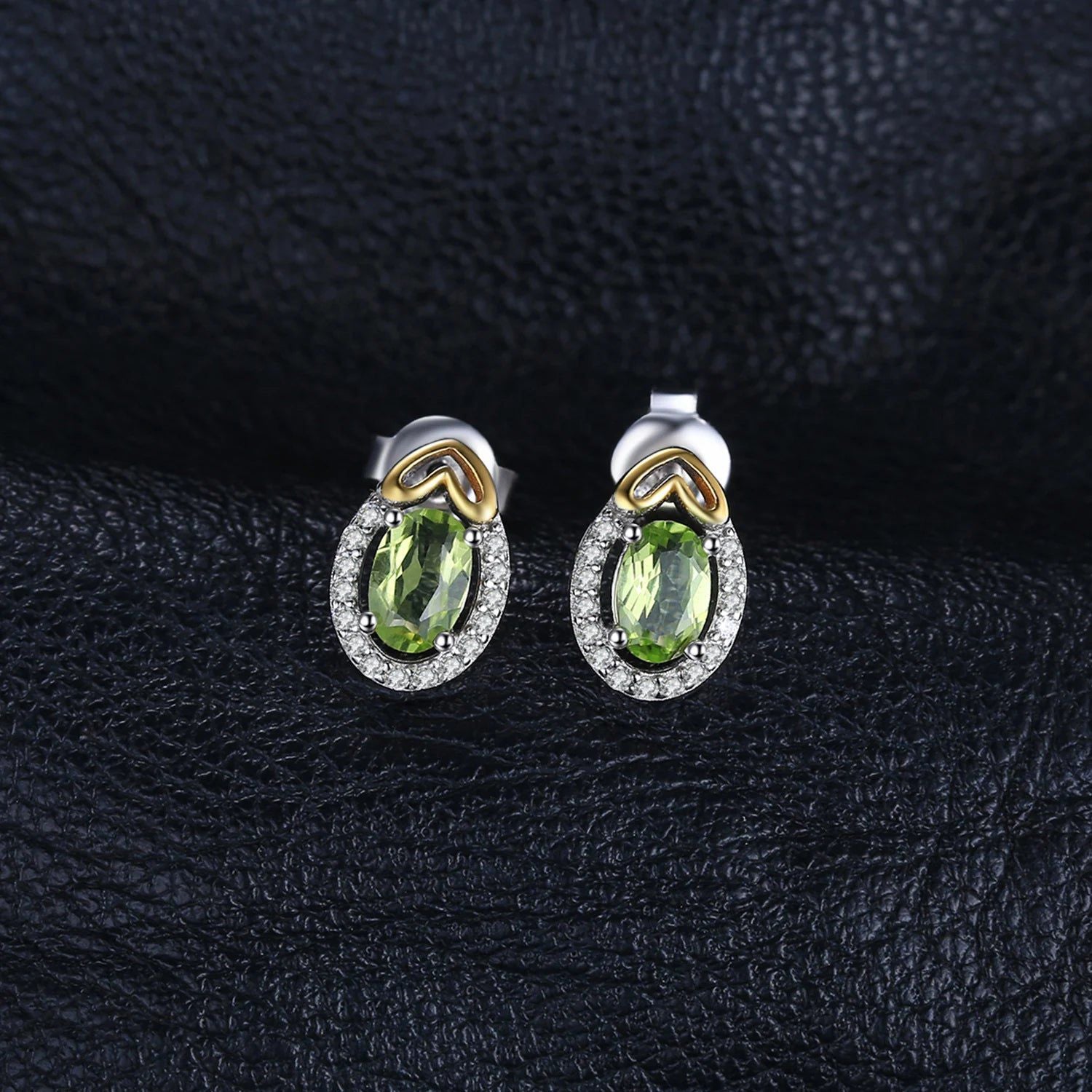 Natural Green Peridot Oval Stud Earrings in 925 Sterling Silver with Gold Accents