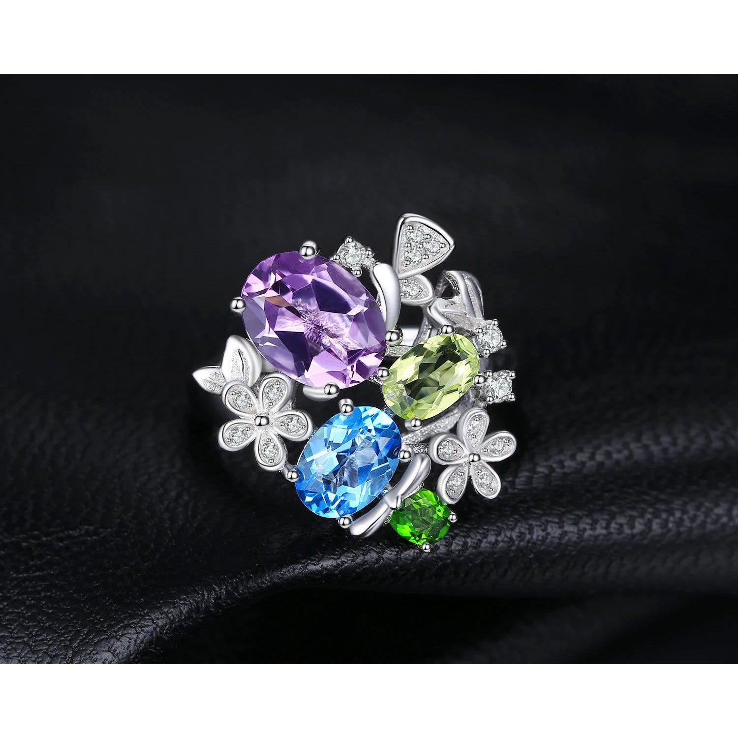 Floral Gemstone Cocktail Ring in 925 Sterling Silver with Amethyst, Blue Topaz, Peridot, and Chrome Diopside