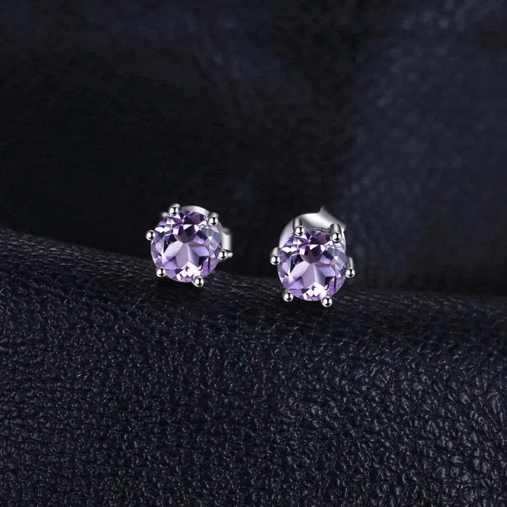 Fashionable Round Amethyst Stud Earrings in 925 Sterling Silver