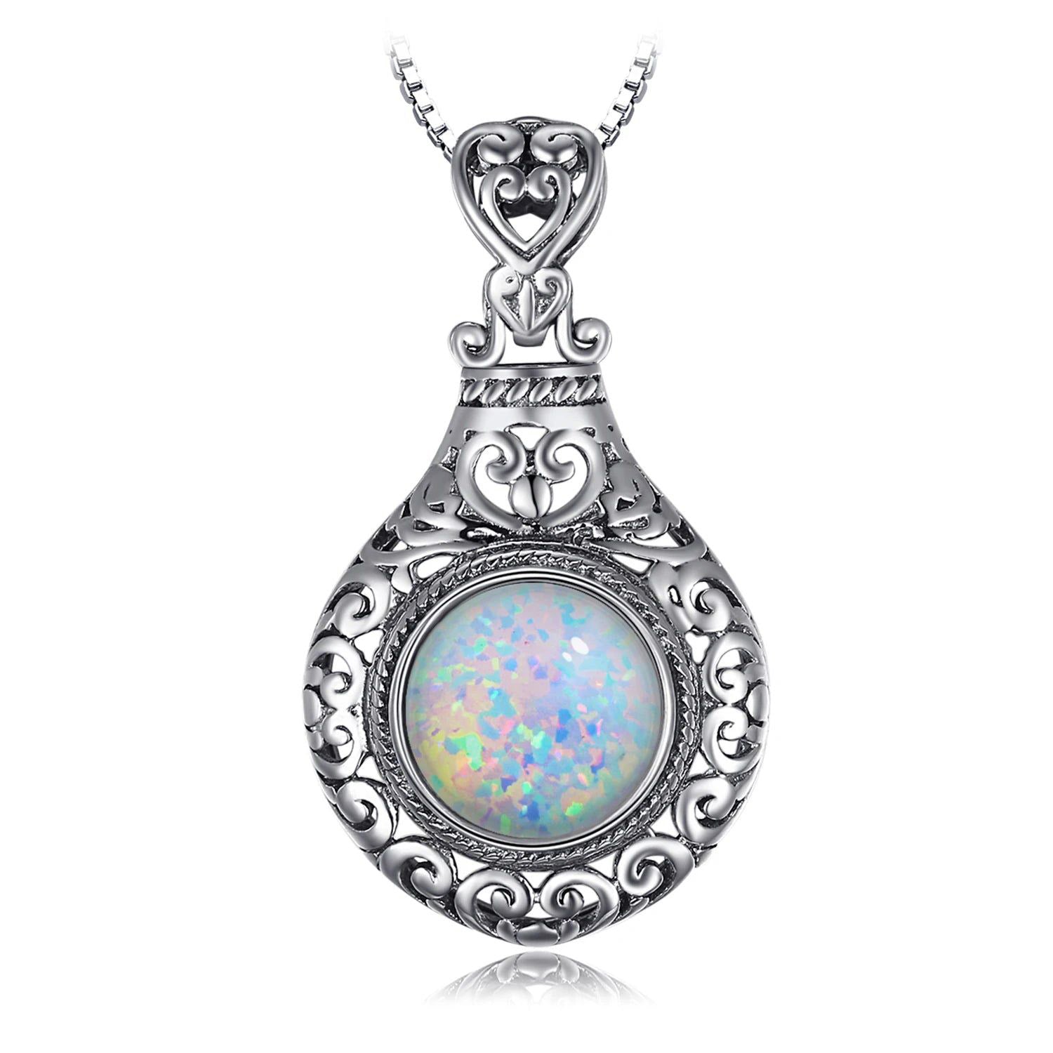 Vintage 2.5ct Cabochon Created Opal Heart Pendant in 925 Sterling Silver – Statement Choker Pendant Only