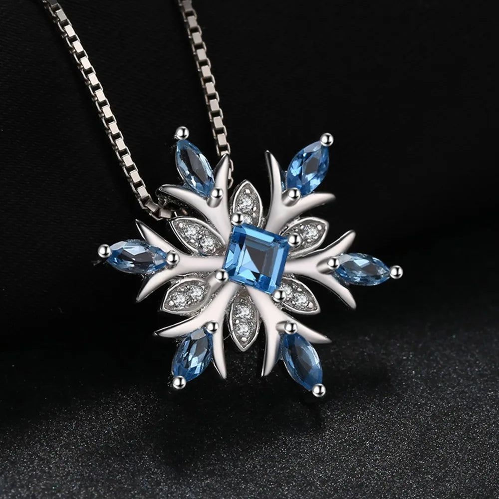 Snowflake Design Natural Blue Topaz 925 Sterling Silver Pendant - Gemstone Jewelry, Pendant Only