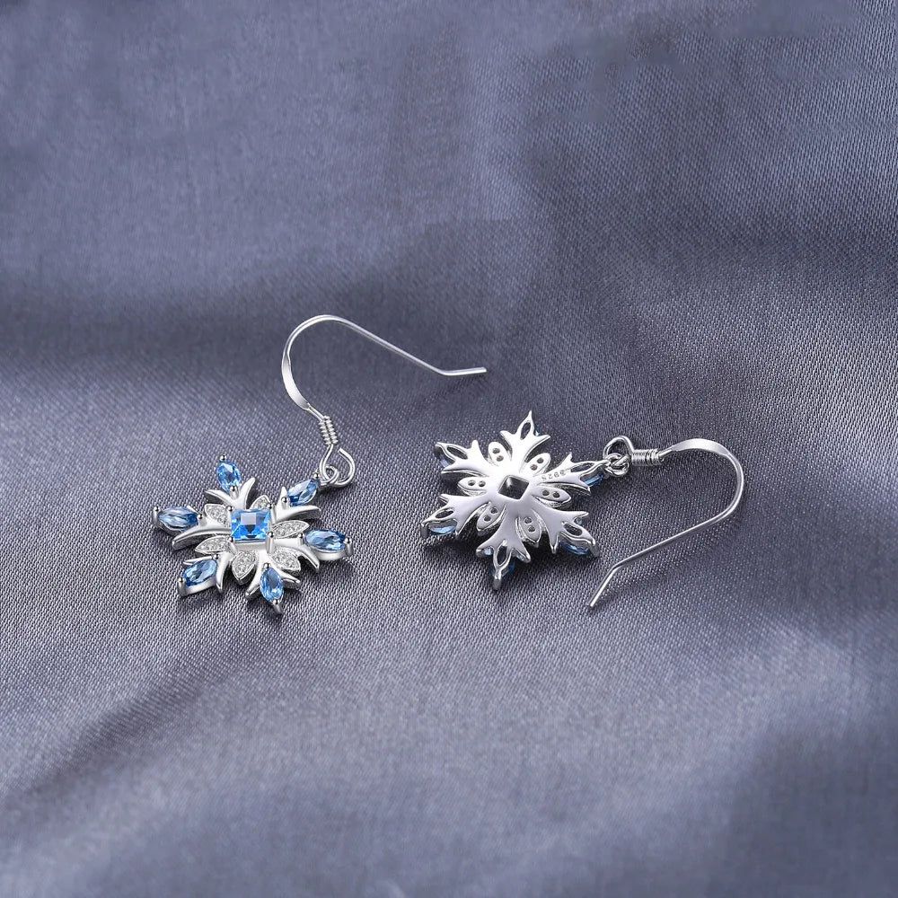 Elegant Blue Topaz Snowflake Design Sterling Silver Drop Earrings