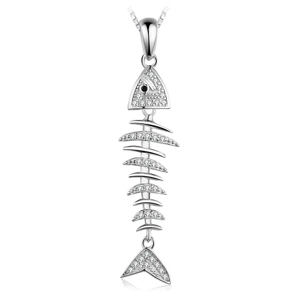 Fish Bone Design 925 Sterling Silver Pendant with Cubic Zirconia - No Chain Included