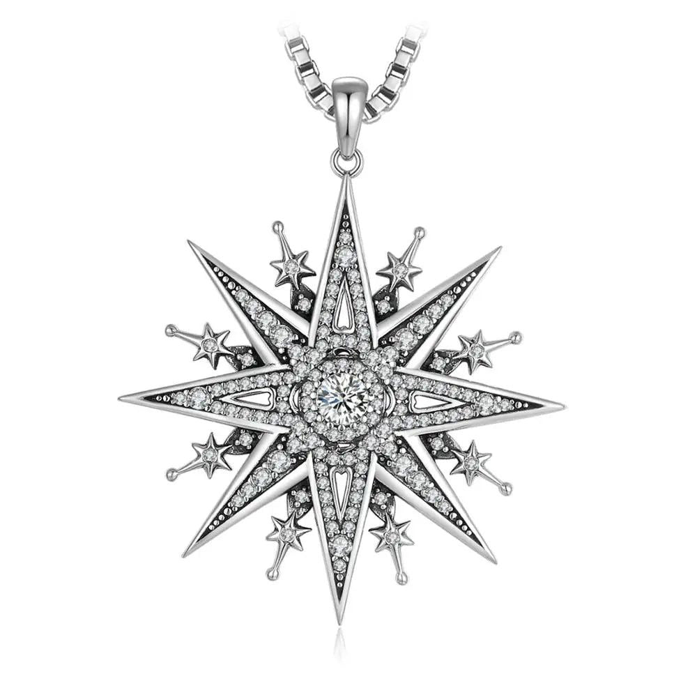 Vintage Gothic North Star 925 Sterling Silver Pendant with Cubic Zirconia - Statement Piece (No Chain)