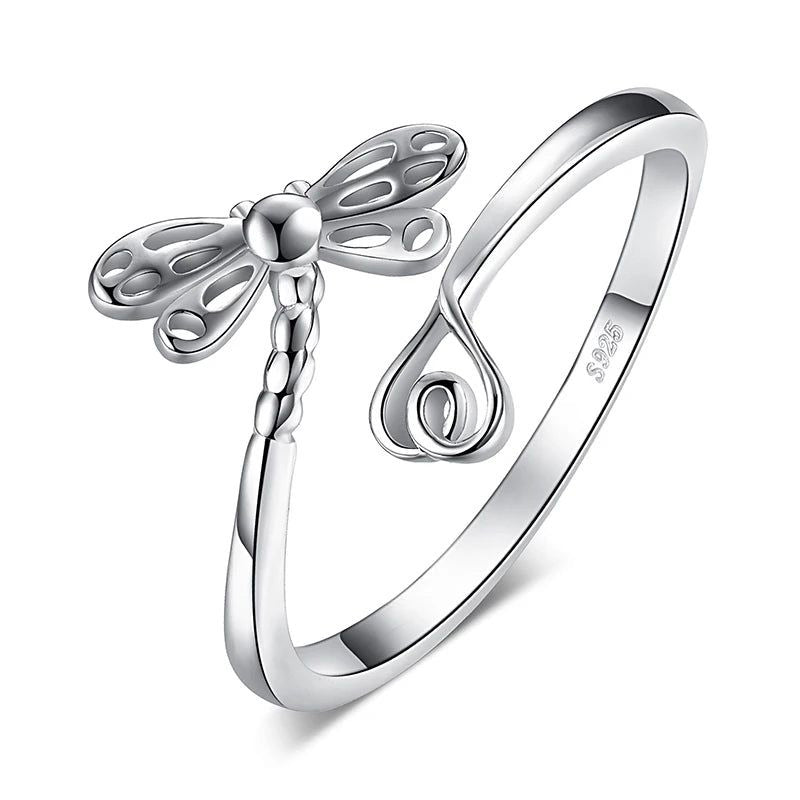 Dragonfly Heart Love Adjustable 925 Sterling Silver Stackable Cuff Rings for Thumb and Finger