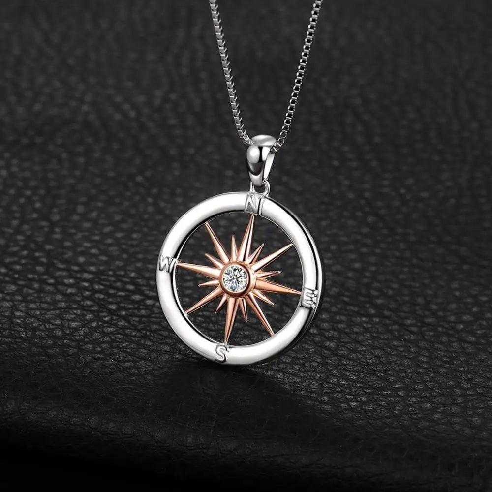 Rose Gold Compass Circle Pendant in 925 Sterling Silver with Cubic Zirconia