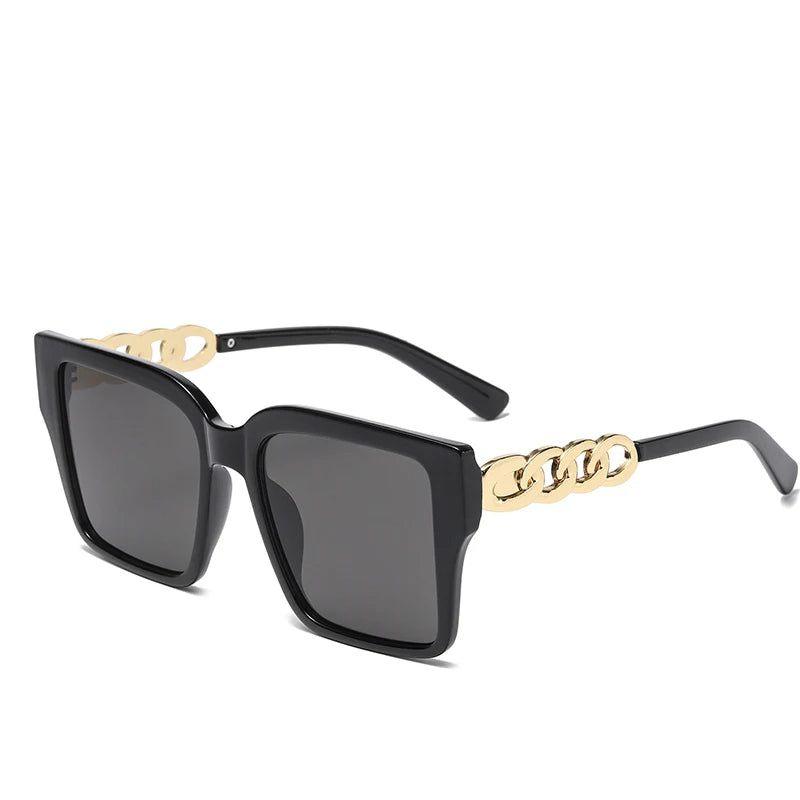 Chic Chain Design Oversized Square Black Frame Sunglasses with UV400 Protection