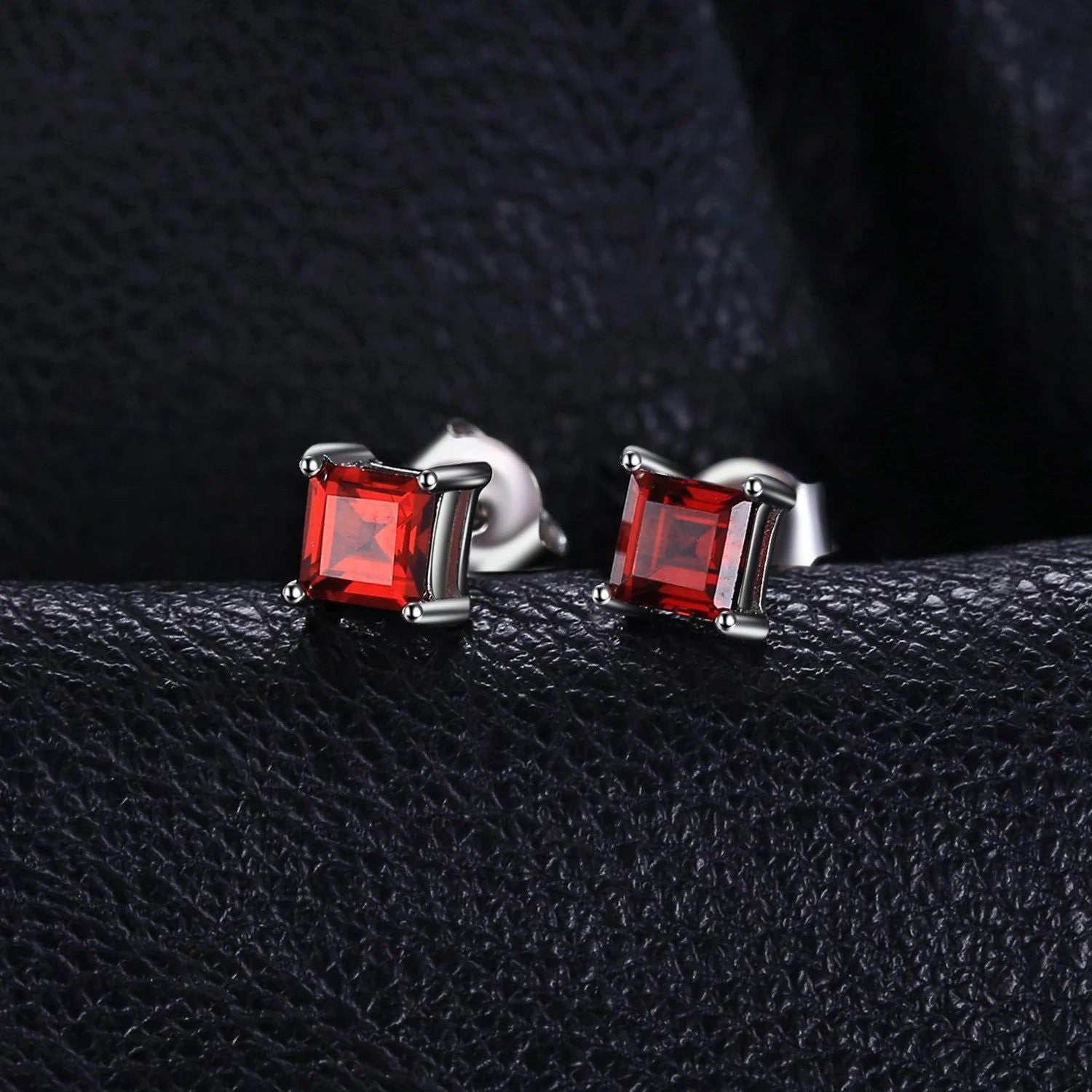 Fashionable Princess Cut Red Garnet Stud Earrings in 925 Sterling Silver