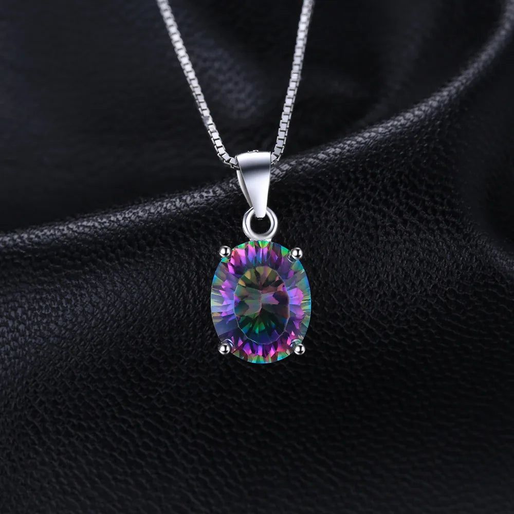 Sterling Silver Oval Rainbow Mystic Quartz Pendant - Choker Gemstone Accessory