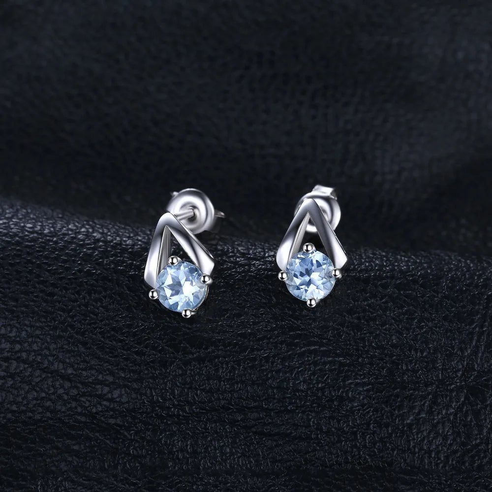 Elegant 1.2ct Round Natural Sky Blue Topaz Stud Earrings in 925 Sterling Silver