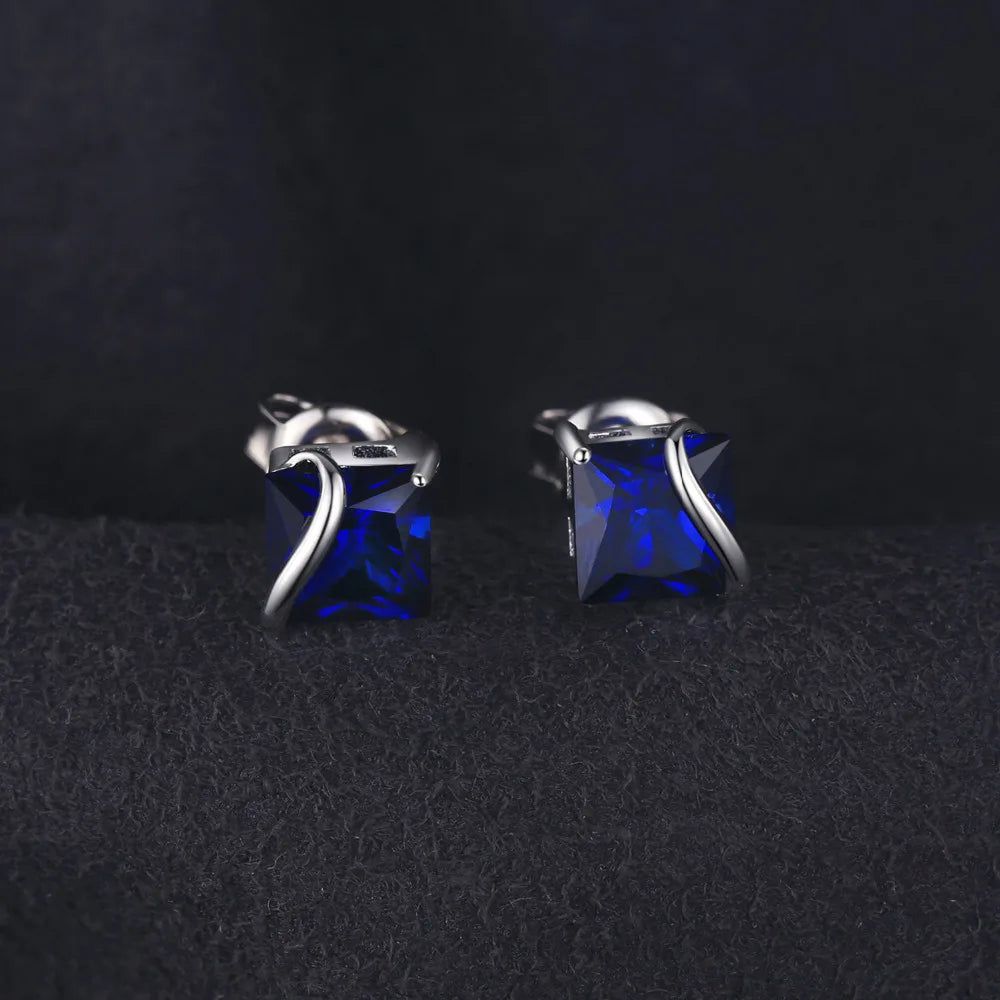 Square 2.8ct Created Blue Sapphire Sterling Silver Stud Earrings - Elegant Gemstone Jewelry