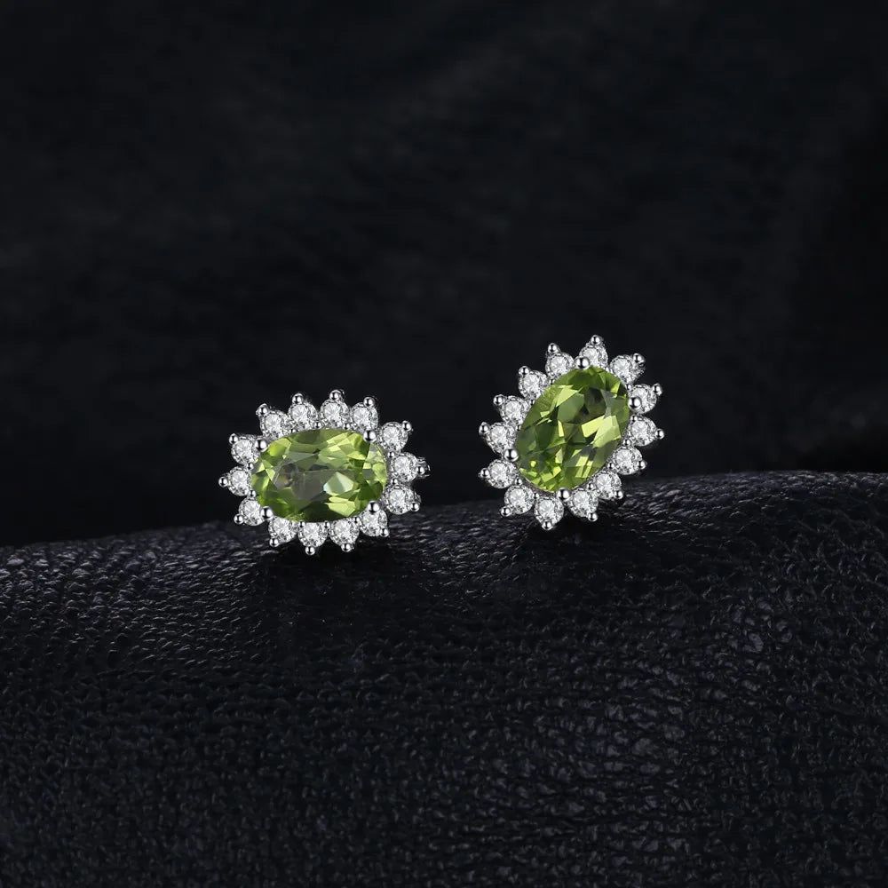 Diana Sophisticated Halo Stud Earrings with Natural Green Peridot in 925 Sterling Silver