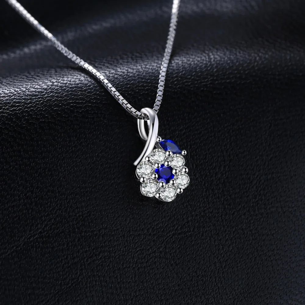 Flower Design Created Blue Spinel 925 Sterling Silver Pendant - No Chain Included