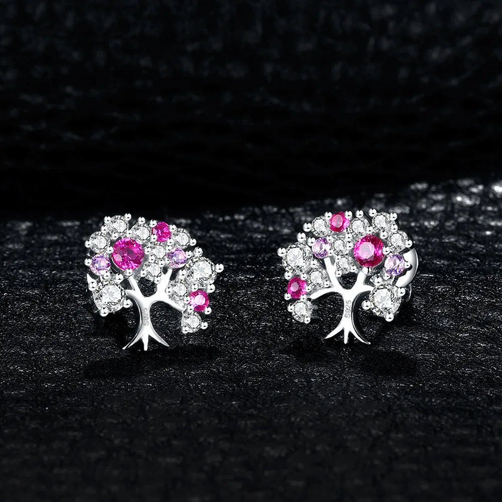 Life Tree Inspired Created Ruby Stud Earrings in 925 Sterling Silver