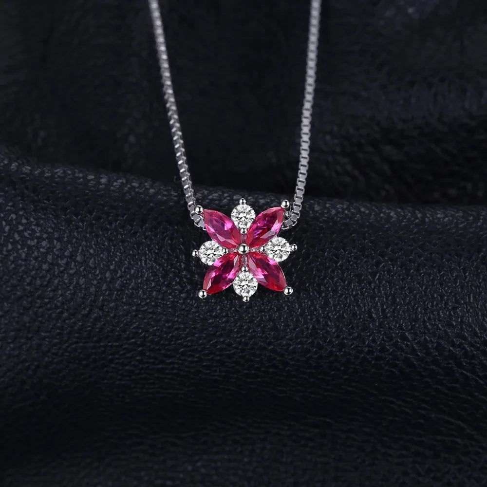 Floral Designed Created Ruby Pendant in 925 Sterling Silver - Choker Style, No Chain Included