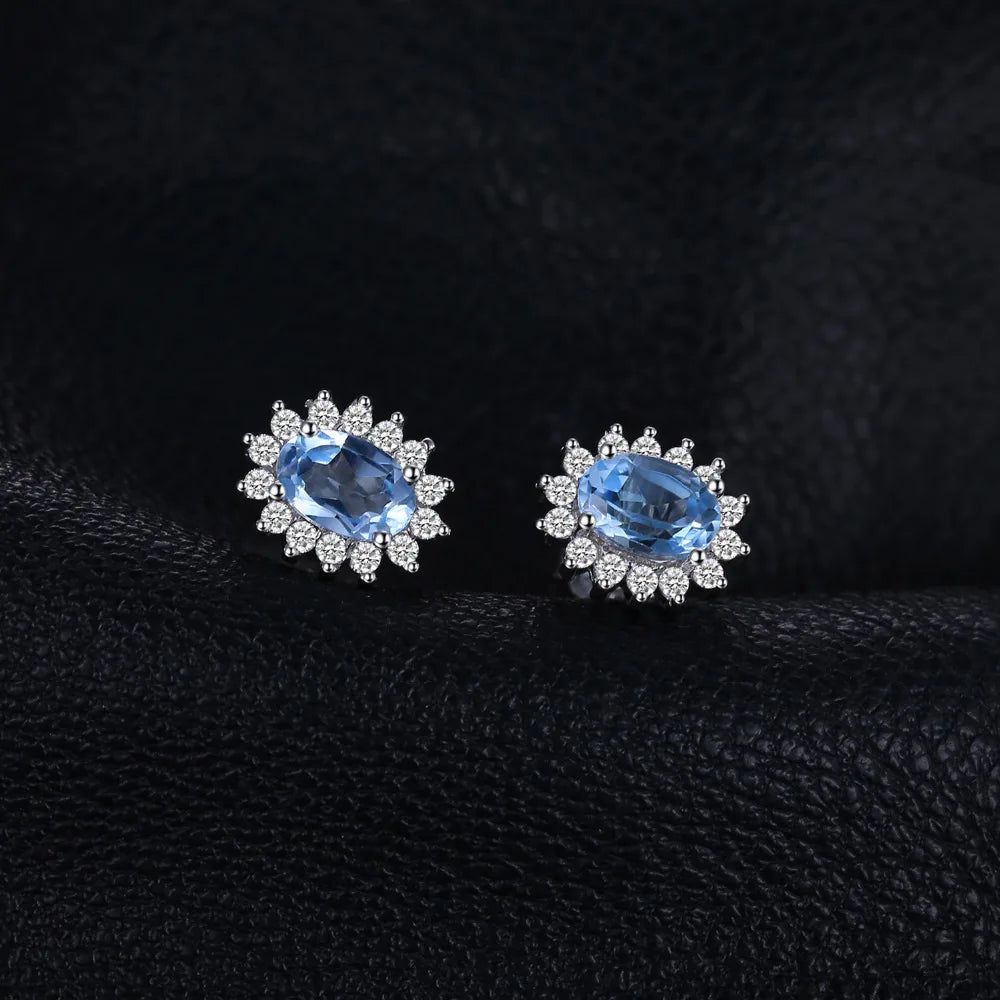 Princess Diana Inspired Blue Topaz Halo Stud Earrings in 925 Sterling Silver