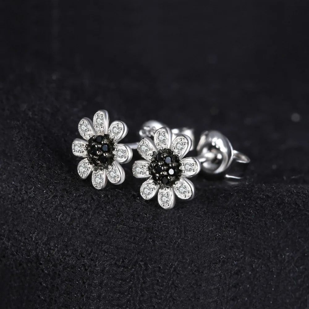 Elegant Black Spinel Flower Design 925 Sterling Silver Stud Earrings