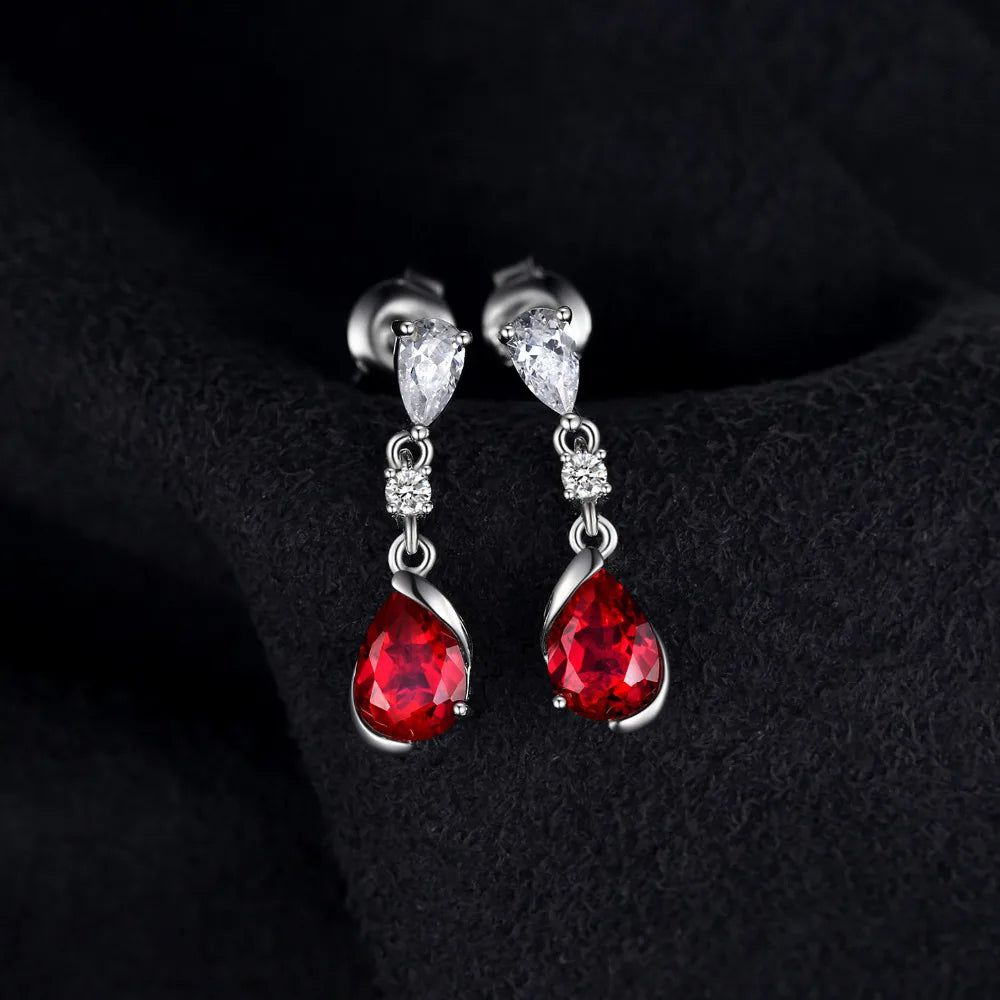 Elegant 1.9ct Pear Shaped Created Ruby Sterling Silver Dangle Earrings