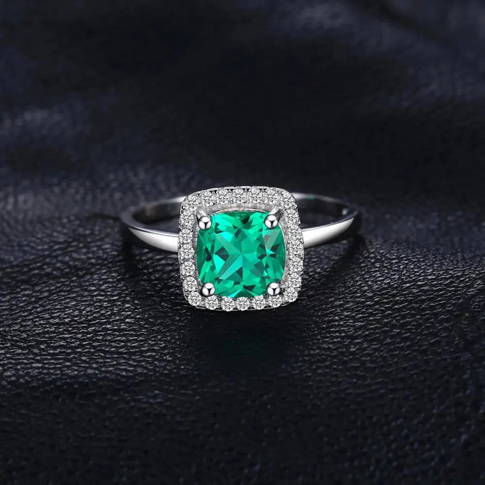 Simulated Nano Emerald Halo Ring in 925 Sterling Silver - Sophisticated Statement Jewelry