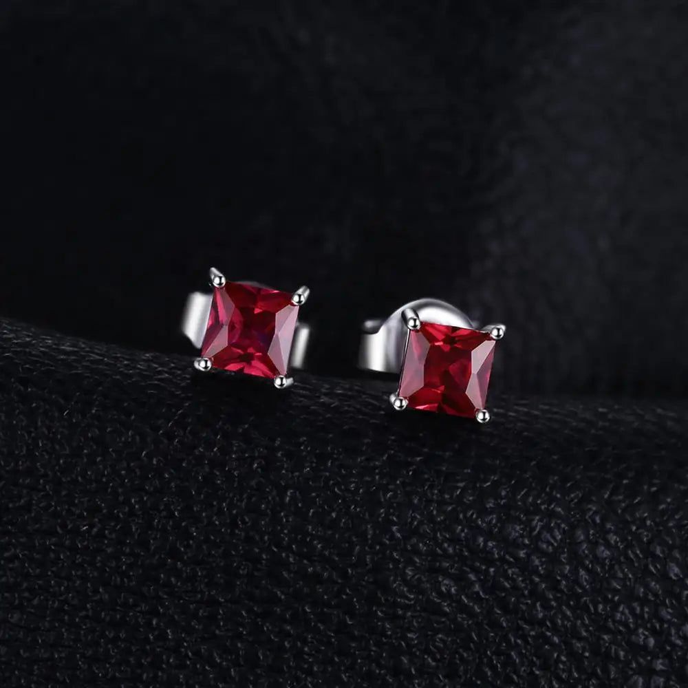 Square Princess Cut Red Created Ruby 925 Sterling Silver Stud Earrings for Elegant Style