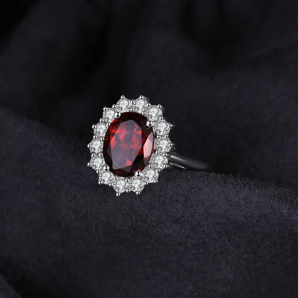 Diana Halo Ring with 2.5ct Natural Red Garnet in 925 Sterling Silver