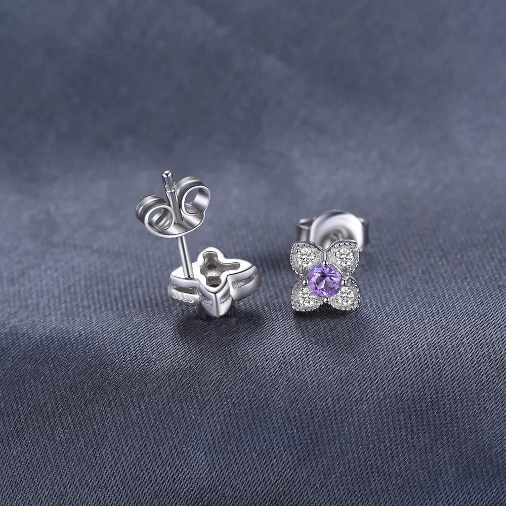 Elegant Amethyst Flower Stud Earrings in 925 Sterling Silver