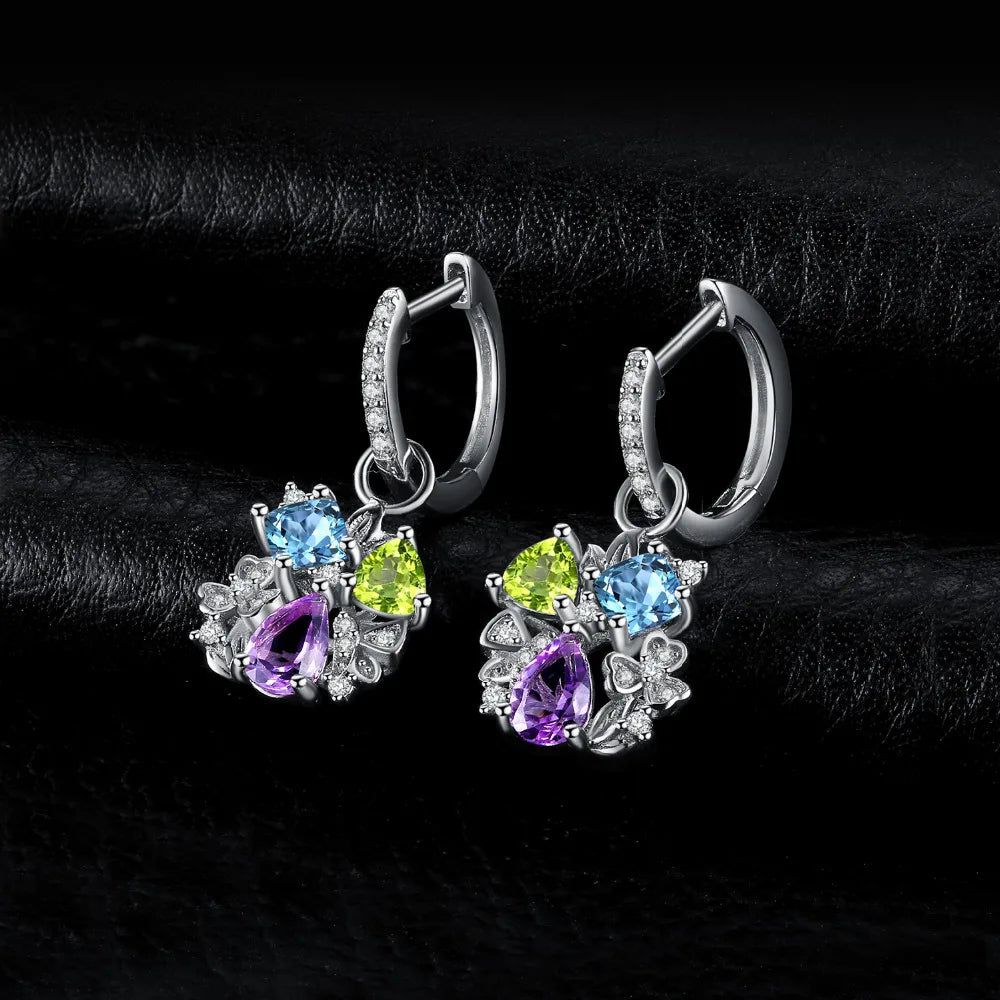 Exquisite Floral Dangle Drop Earrings with Natural Amethyst, Blue Topaz, Peridot, and Chrome Diopside in 925 Sterling Silver