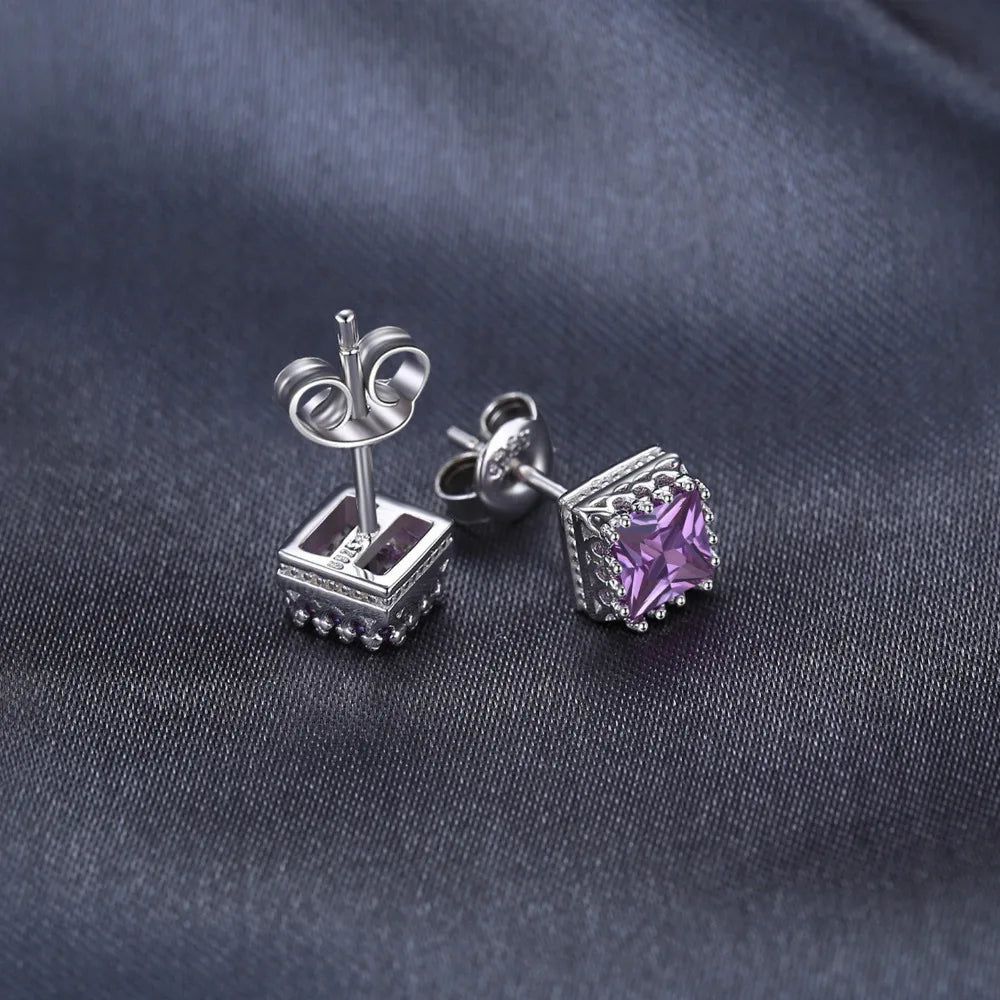 Elegant Square Purple Created Alexandrite Sapphire Stud Earrings in 925 Sterling Silver