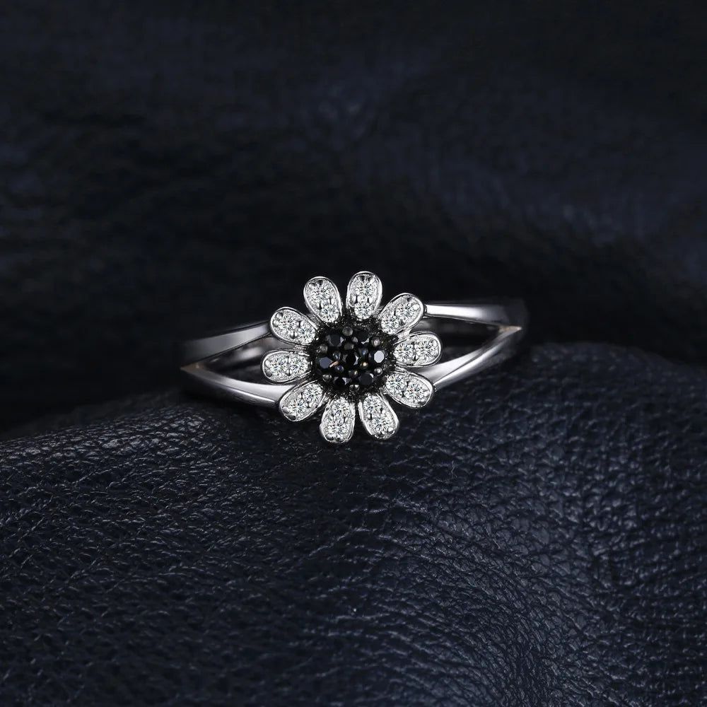 Blooming Elegance: Black Spinel & 925 Sterling Silver Floral Ring