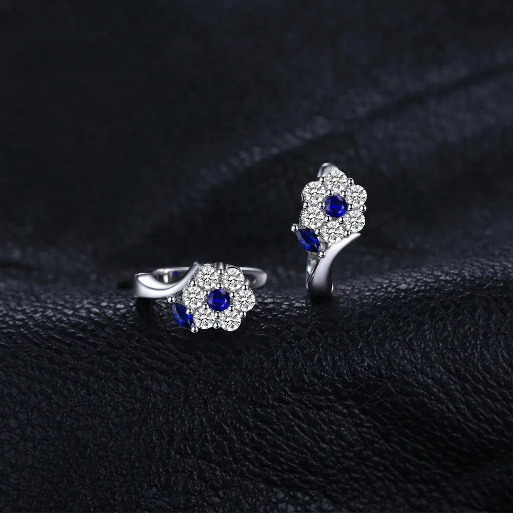 Fashionable Blue Spinel Flower Hoop Earrings in 925 Sterling Silver