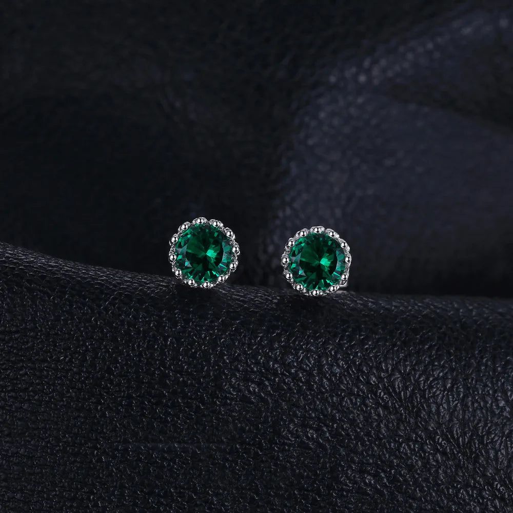 Sophisticated Round Green Simulated Nano Emerald 925 Sterling Silver Stud Earrings