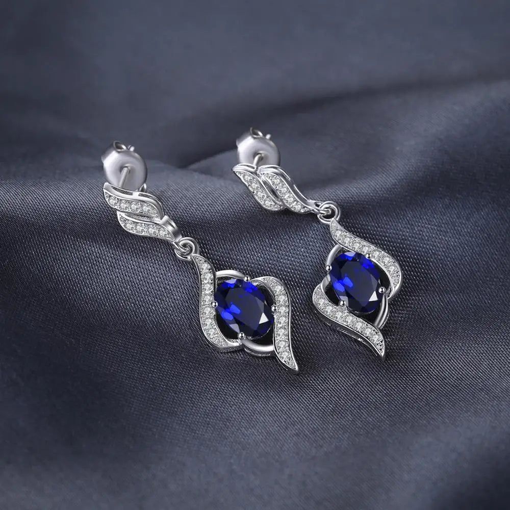 Elegant Created Blue Sapphire Silver Dangle Earrings in 925 Sterling Silver