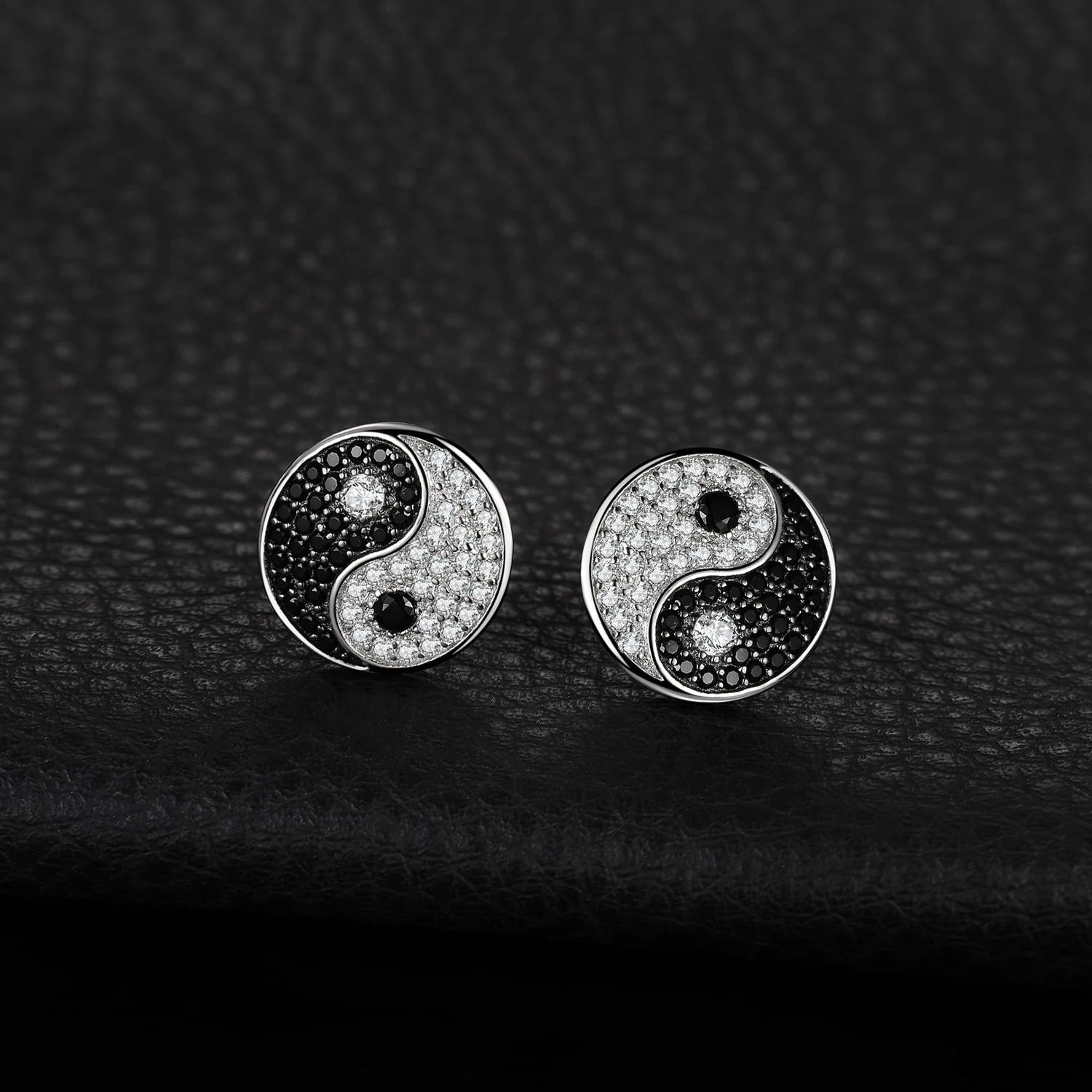 Yin Yang Black Spinel 925 Sterling Silver Round Coin Stud Earrings