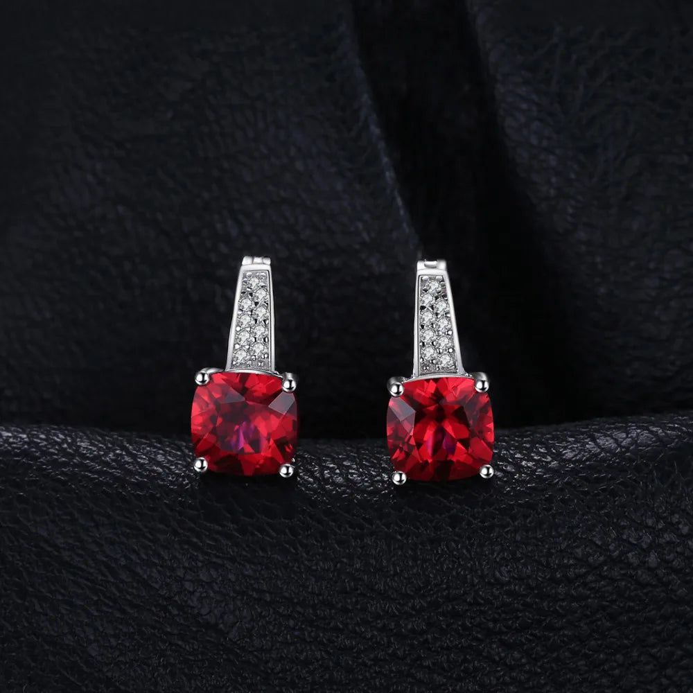 Elegant 4.4ct Created Red Ruby Sterling Silver Hoop Earrings with Cushion Cut Gemstone