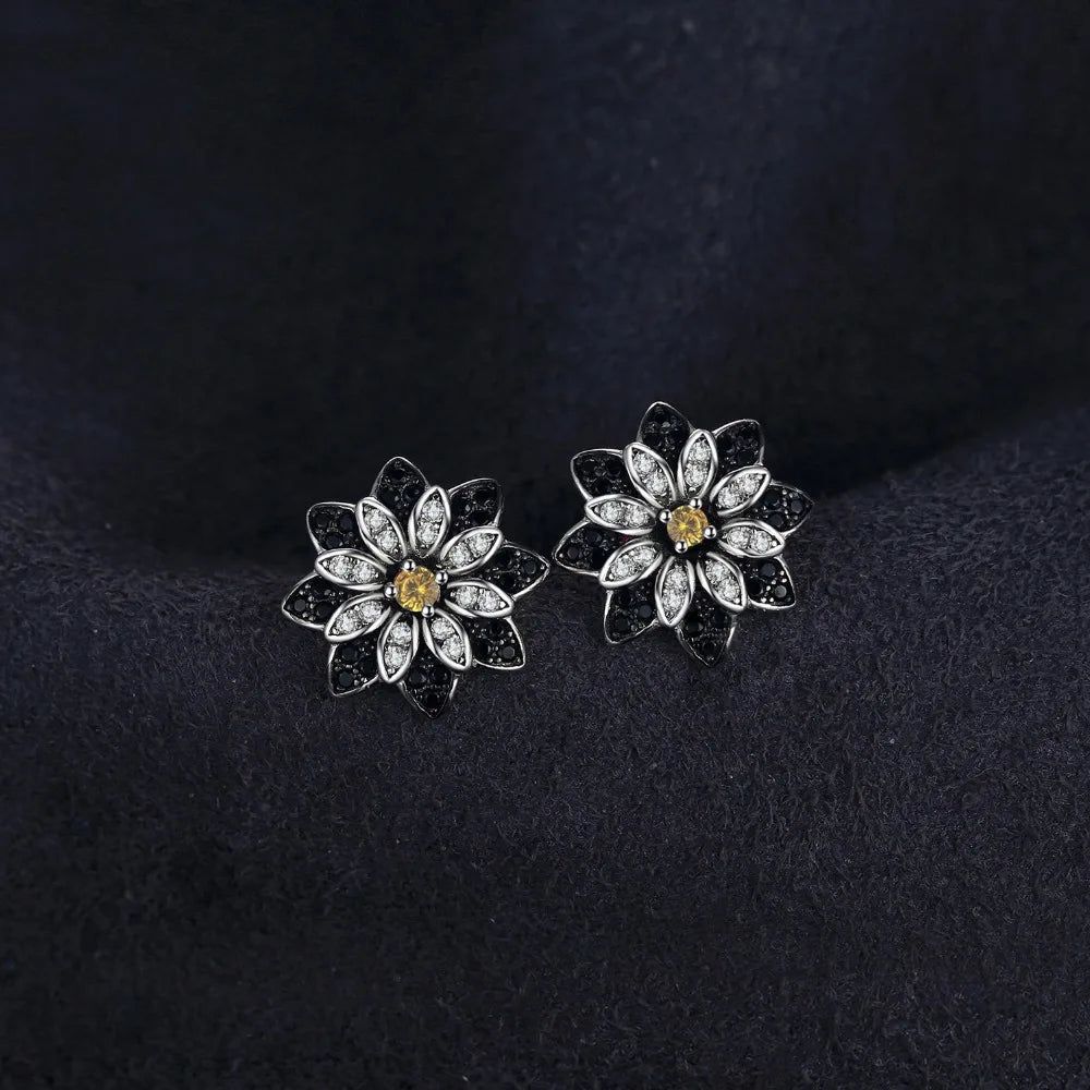 Flower-Inspired Smoky Quartz and Black Spinel 925 Sterling Silver Stud Earrings