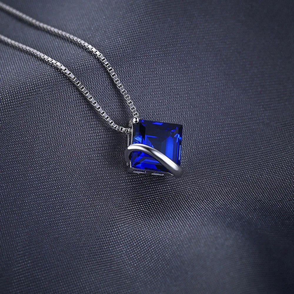 Square Blue Sapphire Pendant in 925 Sterling Silver - 3.3ct Gemstone Jewelry (No Chain Included)