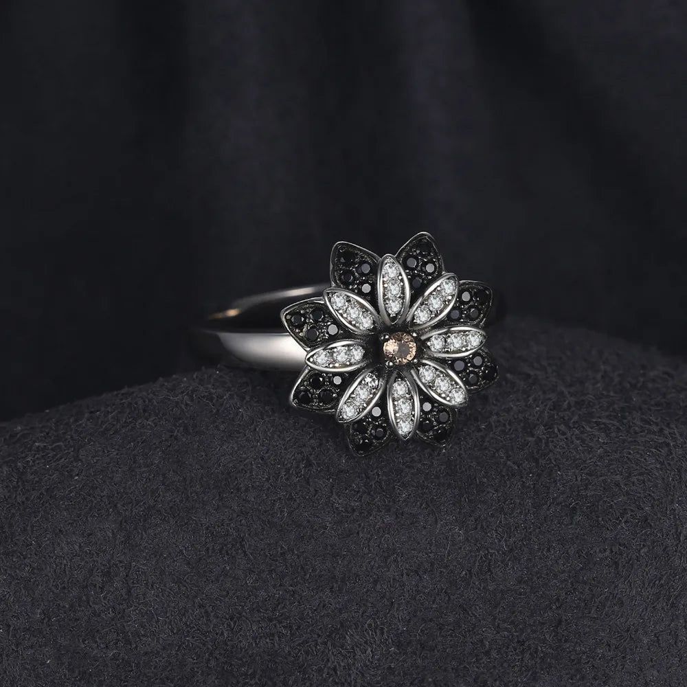 Floral Elegance Smoky Quartz and Black Spinel 925 Sterling Silver Ring