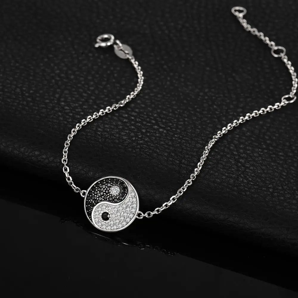 Yin Yang Elegance: 925 Sterling Silver Chain Link Bracelet with Natural Black Spinel Gemstone