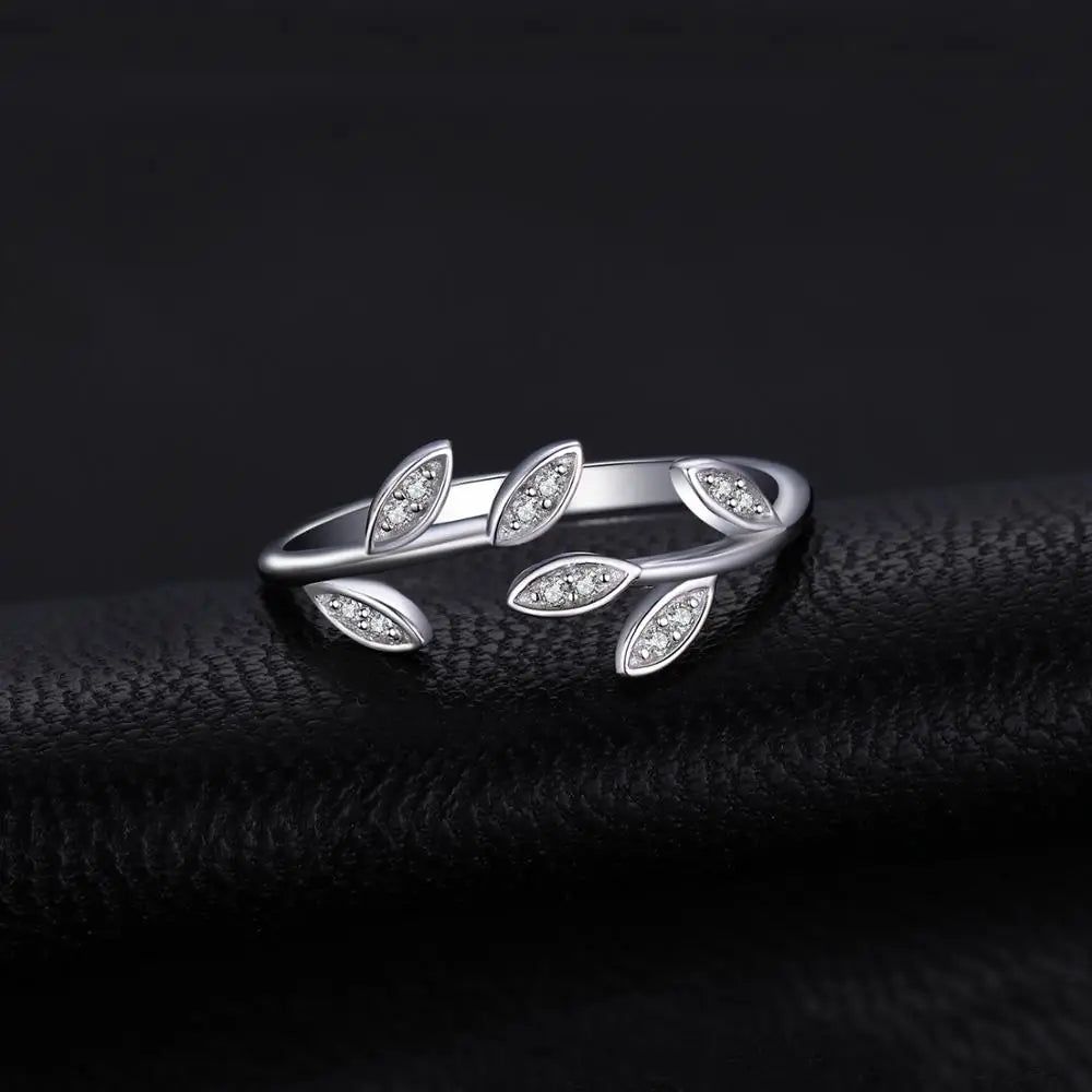 Olive Leaf Adjustable Cuff Ring with Cubic Zirconia in 925 Sterling Silver, Yellow Gold and Rose Gold Plating