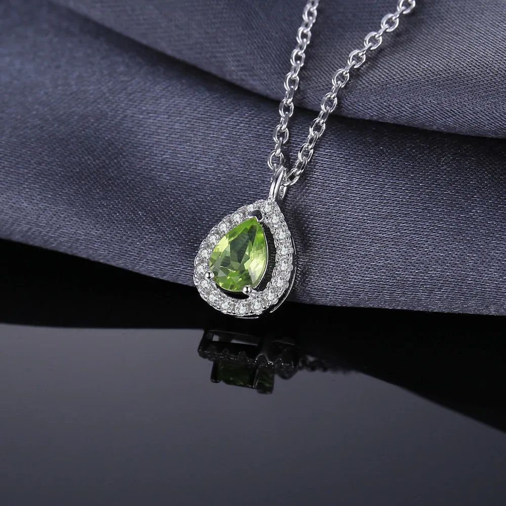 Elegant Pear-Shaped Natural Peridot Halo Pendant Necklace in 925 Sterling Silver - 45cm Fine Jewelry