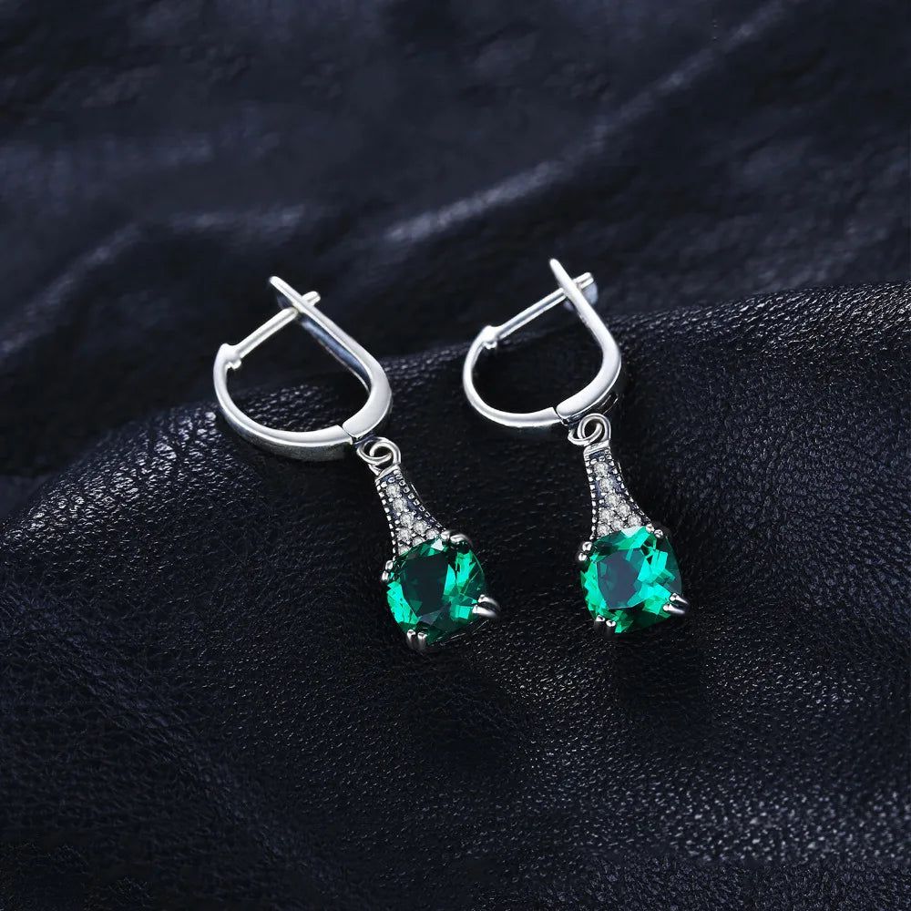 Vintage 2.1ct Cushion Cut Nano Emerald Hoop Earrings in 925 Sterling Silver