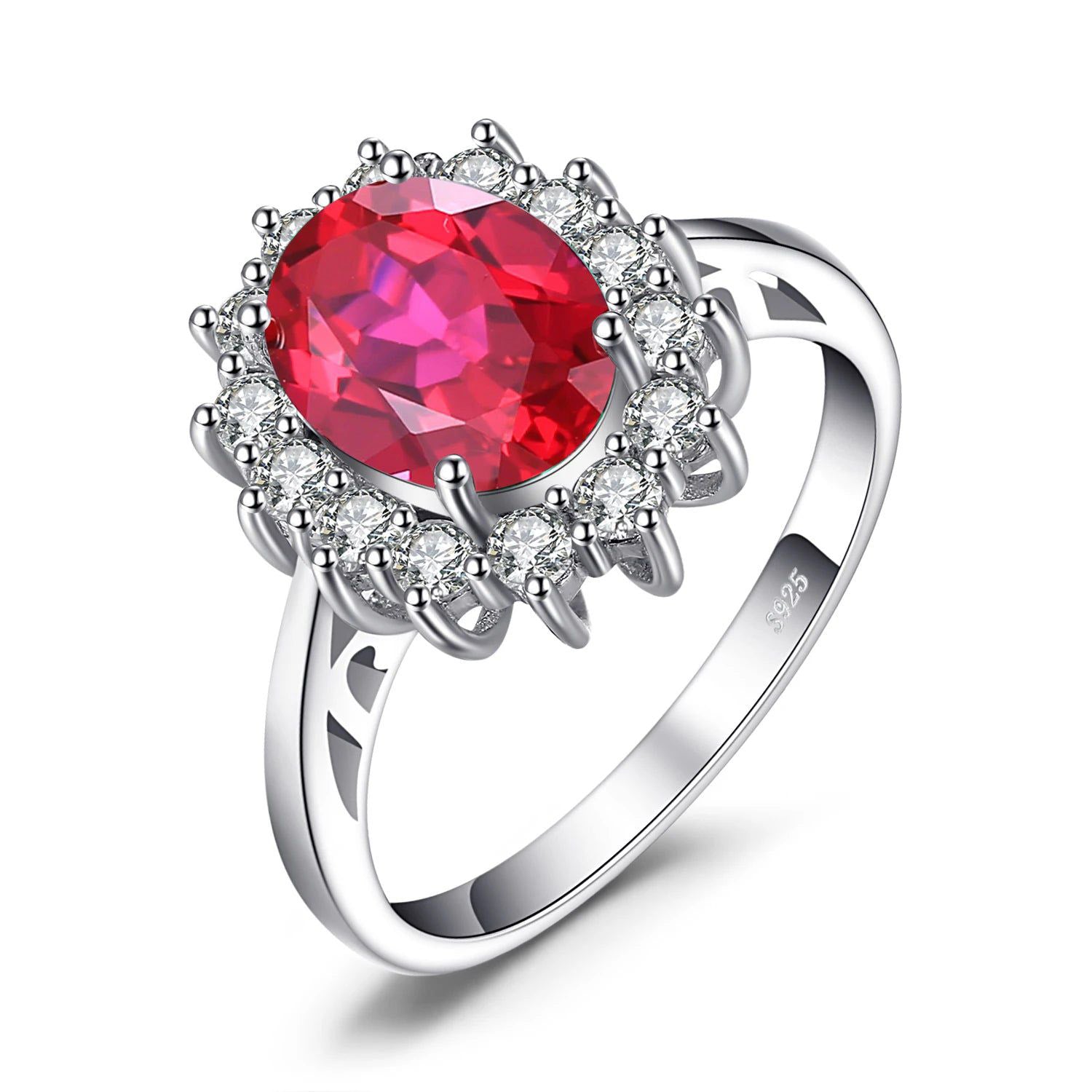 Sophisticated 2.6ct Created Ruby Halo Ring in 925 Sterling Silver Inspired by Princess Diana