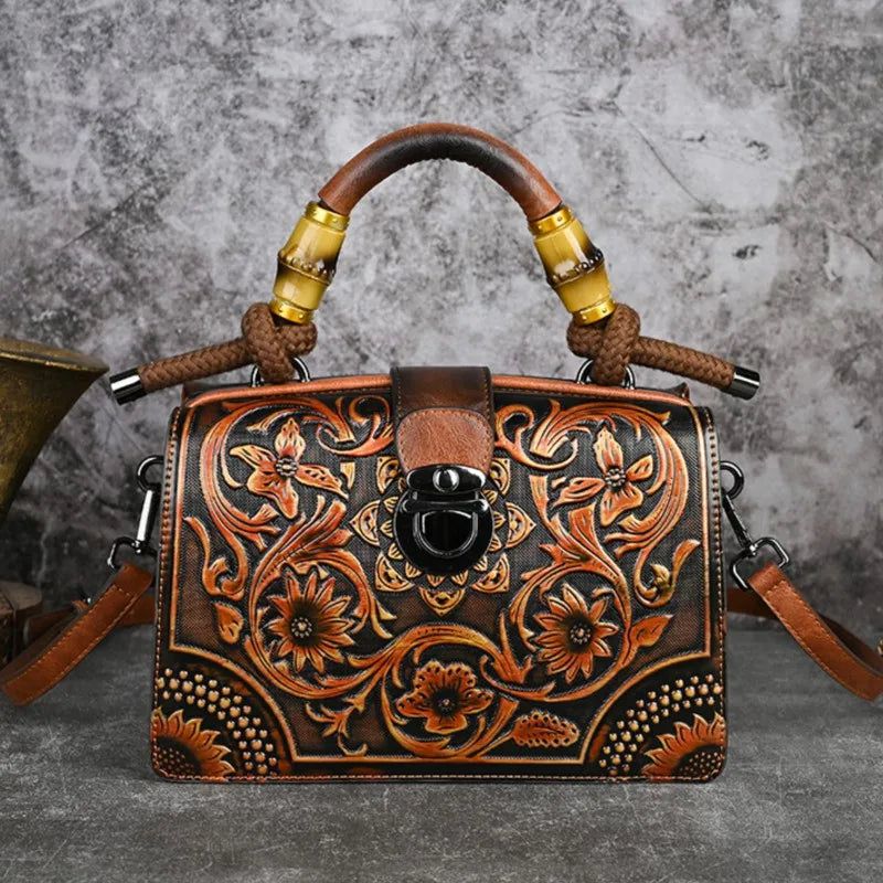 Handcrafted Vintage Leather Carved Bag - Stylish Women's Shoulder & Crossbody Handbag