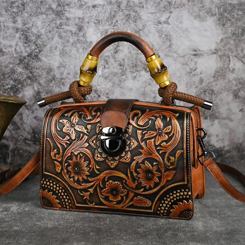 Handcrafted Vintage Leather Carved Bag - Stylish Women's Shoulder & Crossbody Handbag