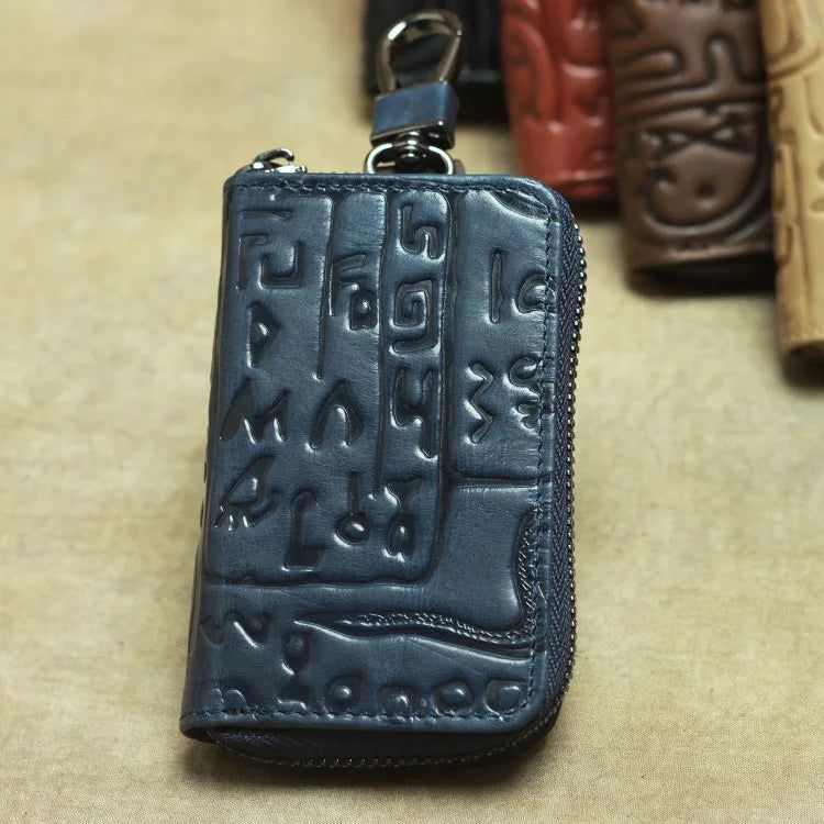 Handcrafted Vintage Leather Key Pouch - Unisex Cowhide Car Key Holder with Embossed Design