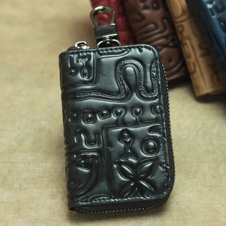 Handcrafted Vintage Leather Key Pouch - Unisex Cowhide Car Key Holder with Embossed Design