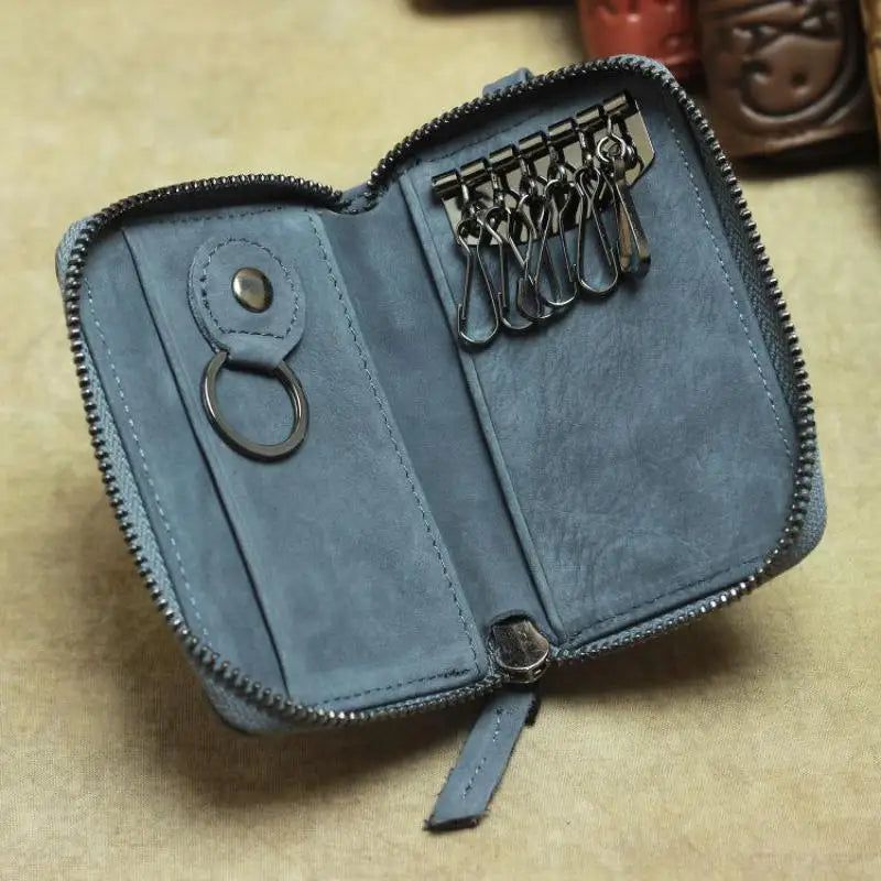 Handcrafted Vintage Leather Key Pouch - Unisex Cowhide Car Key Holder with Embossed Design